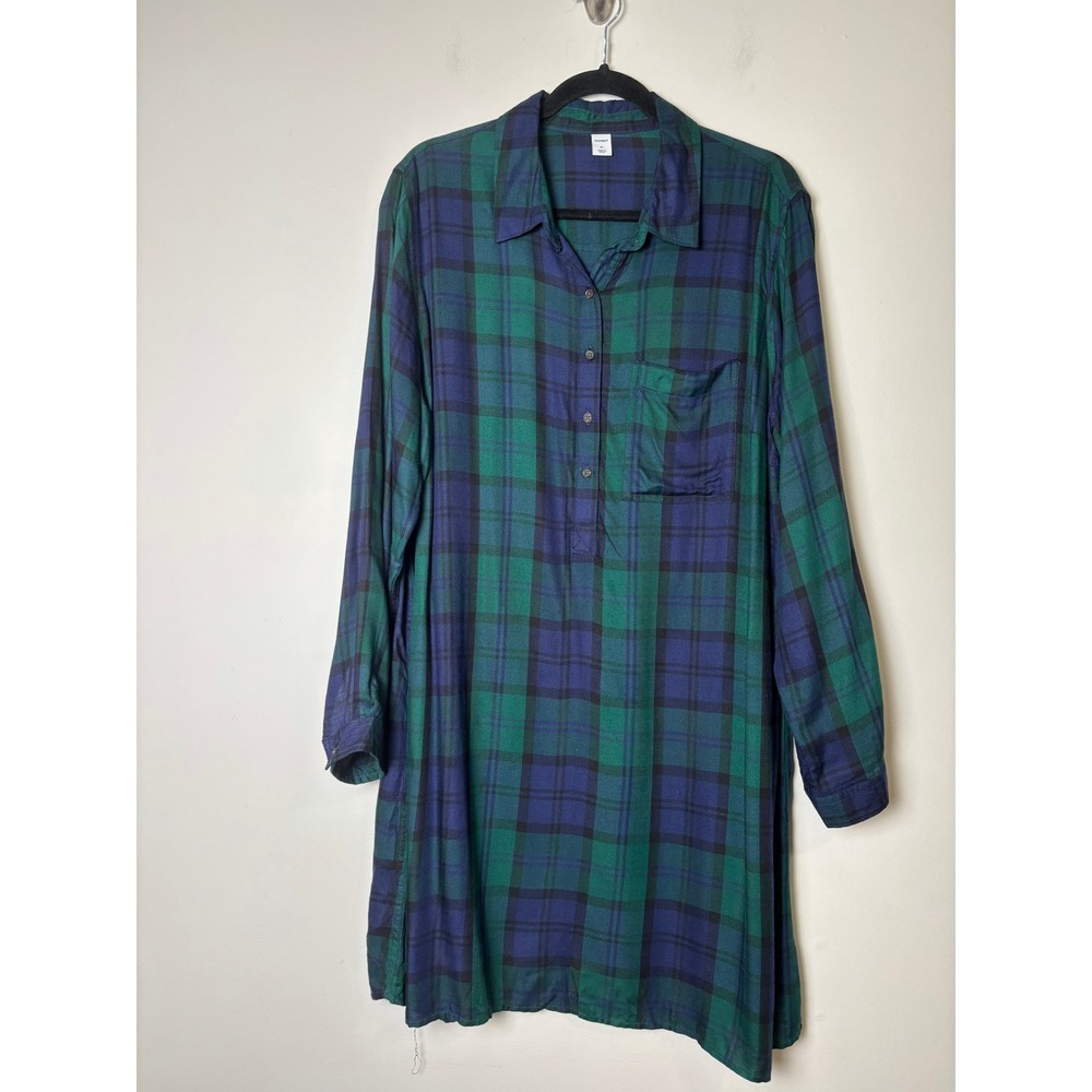 Old Navy Womens Shirt Dress XL Blue Green Plaid Cabincore Academia Layering